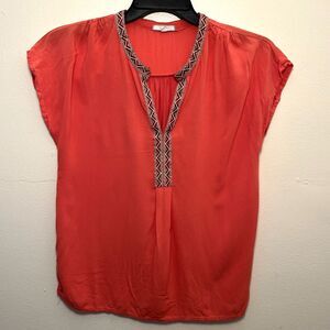 PLEIONE Y2K Early 2000s Aztec Boho Geometric Trimmed Split Neck Tunic, Salmon- M